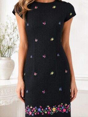 Talbots Petites 100% Cotton 8 Black Cotton Embroidered Floral Sheath Dress